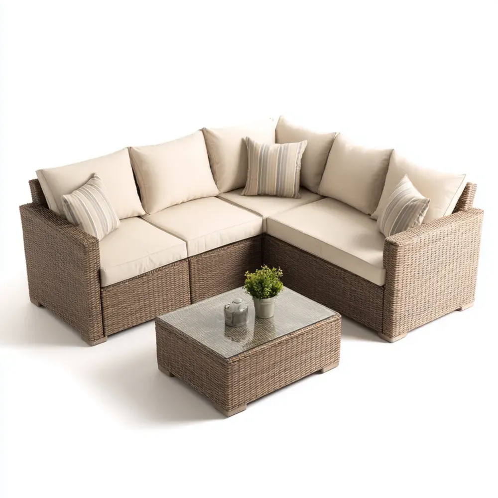 Juego de sofá de jardín ratán 195x145x65 cm - Beige - Diseño contemporáneo