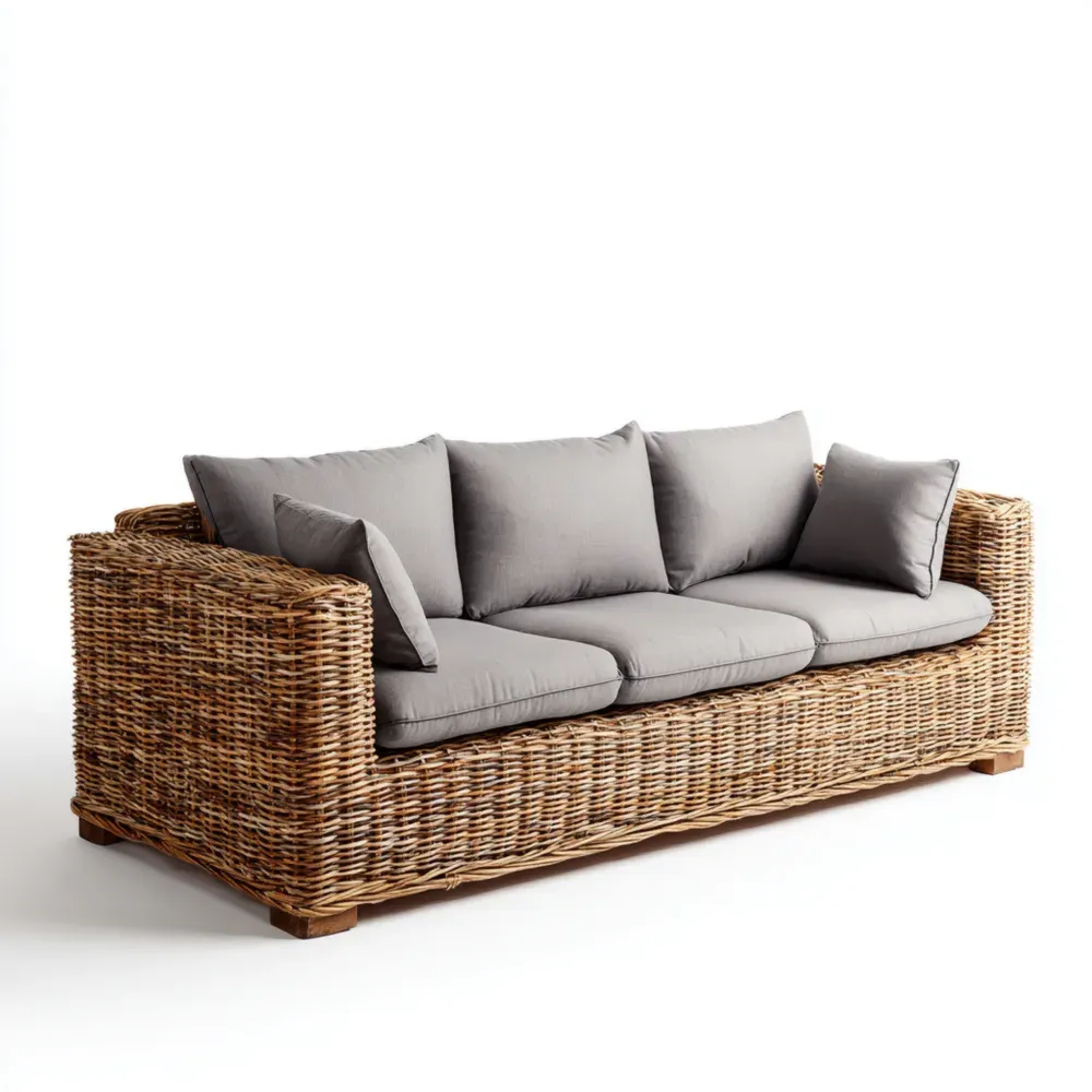 Sofá de Mimbre 210x90x85 cm Cojines de Tela Gris - Diseño Moderno