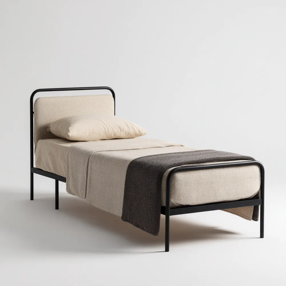 Cama Individual 90x200 cm Marco Metálico – Beige/Negro – Estilo Minimalista