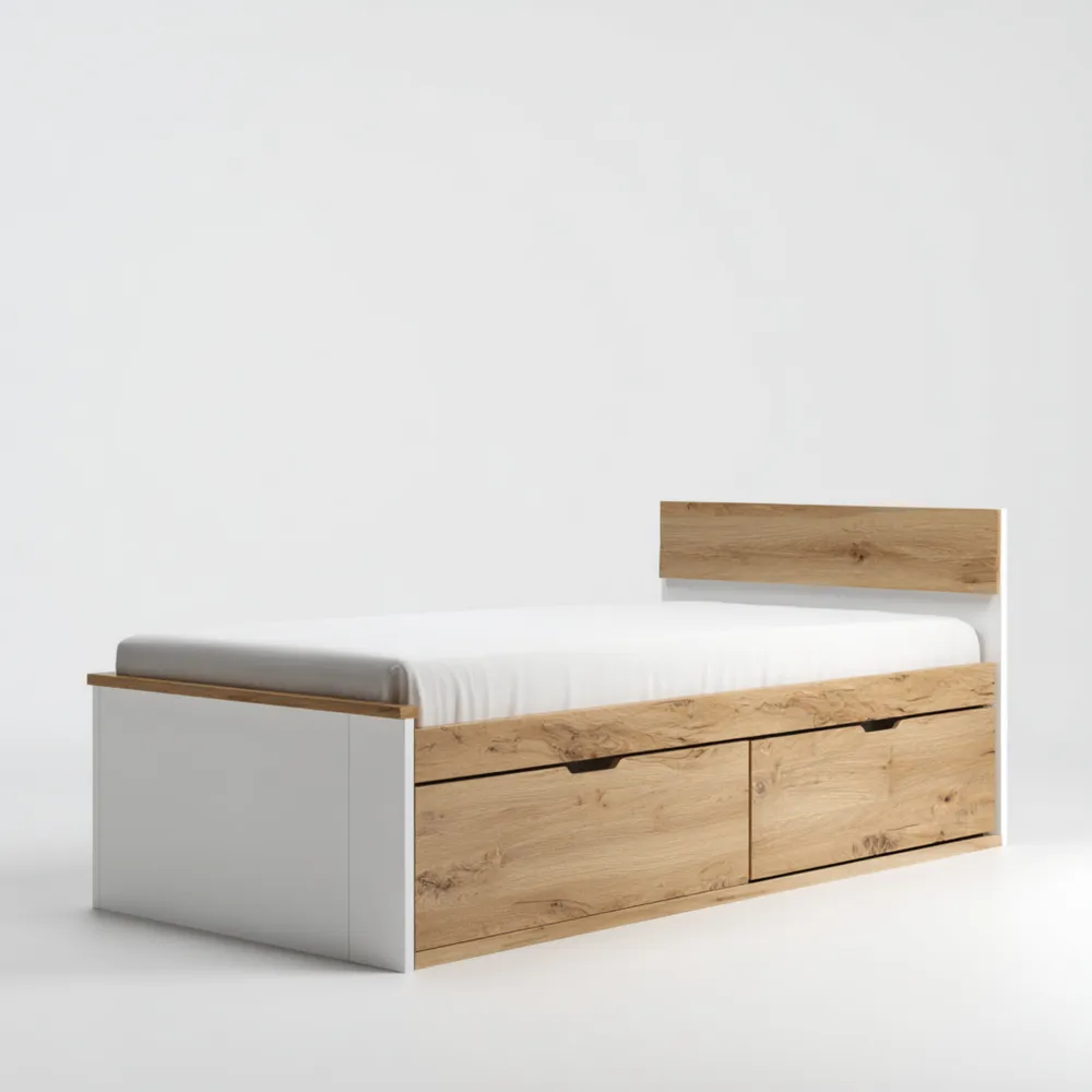 Cama Individual con Almacenamiento 200x90x60 cm - Blanco/Roble