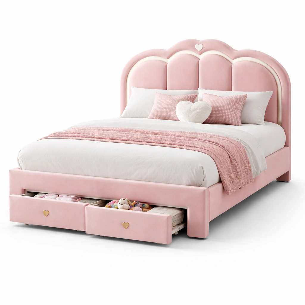 Cama madera y tapizado con luces LED-dwellimo