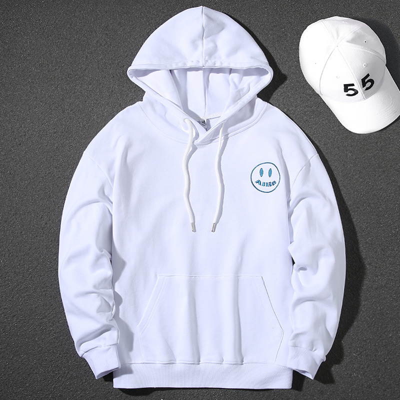Handsome pure cotton hooded sweatshirt for men, autumn and winter Korean style smiley face letter print loose long-sleeved pullover casual top