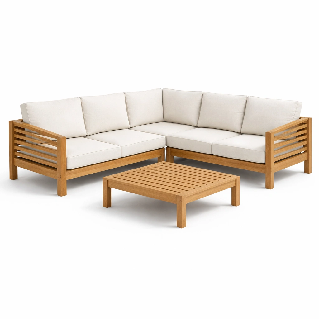 Loungeset Akazienholz mit Polyesterkissen Beige-FURNIFANTASIA