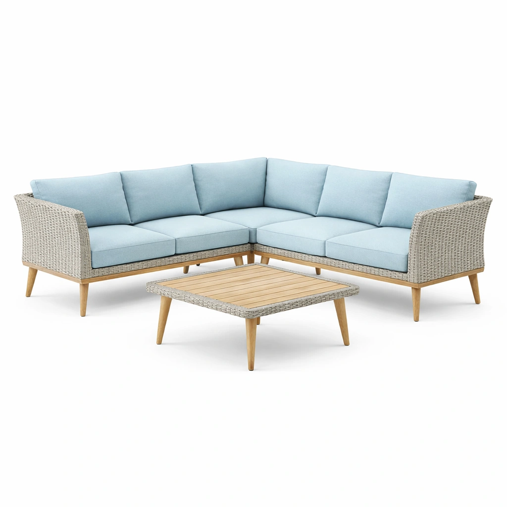 Loungeset Rattan Ecksofa Blau mit Couchtisch-FURNIFANTASIA