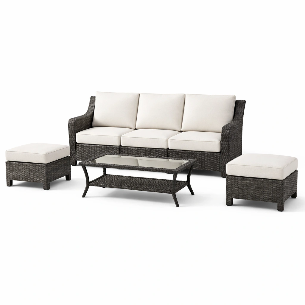 Loungeset Polyrattan Anthrazit Beige mit Härtglas Tisch-FURNIFANTASIA