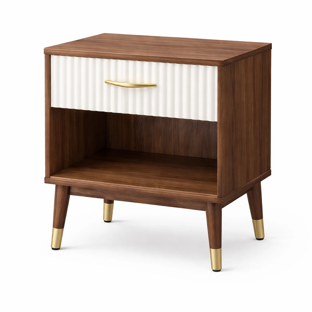 Nachttisch Holz mit Metallgriff und kegelförmigen Beinen-FURNIFANTASIA