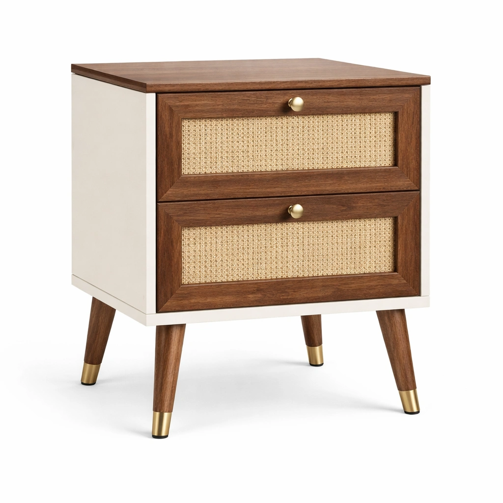 Nachttisch Holz Rattan mit 2 Schubladen 60x45x40 cm-FURNIFANTASIA