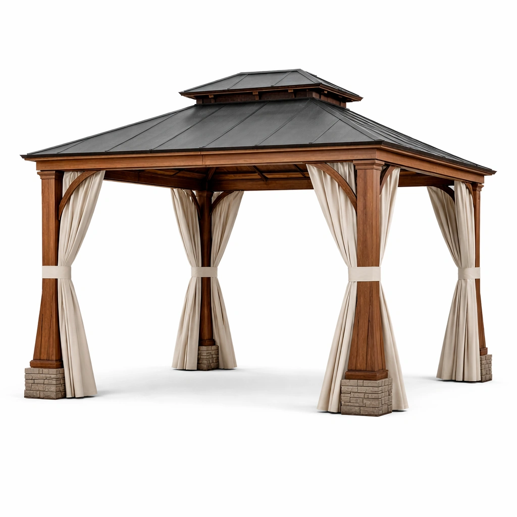 Pavillon Holz Metall mit Polyester Vorhängen Dunkelbraun Beige-FURNIFANTASIA