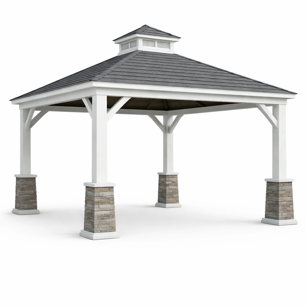 Pavillon Holz und Stein Weiß Grau-FURNIFANTASIA