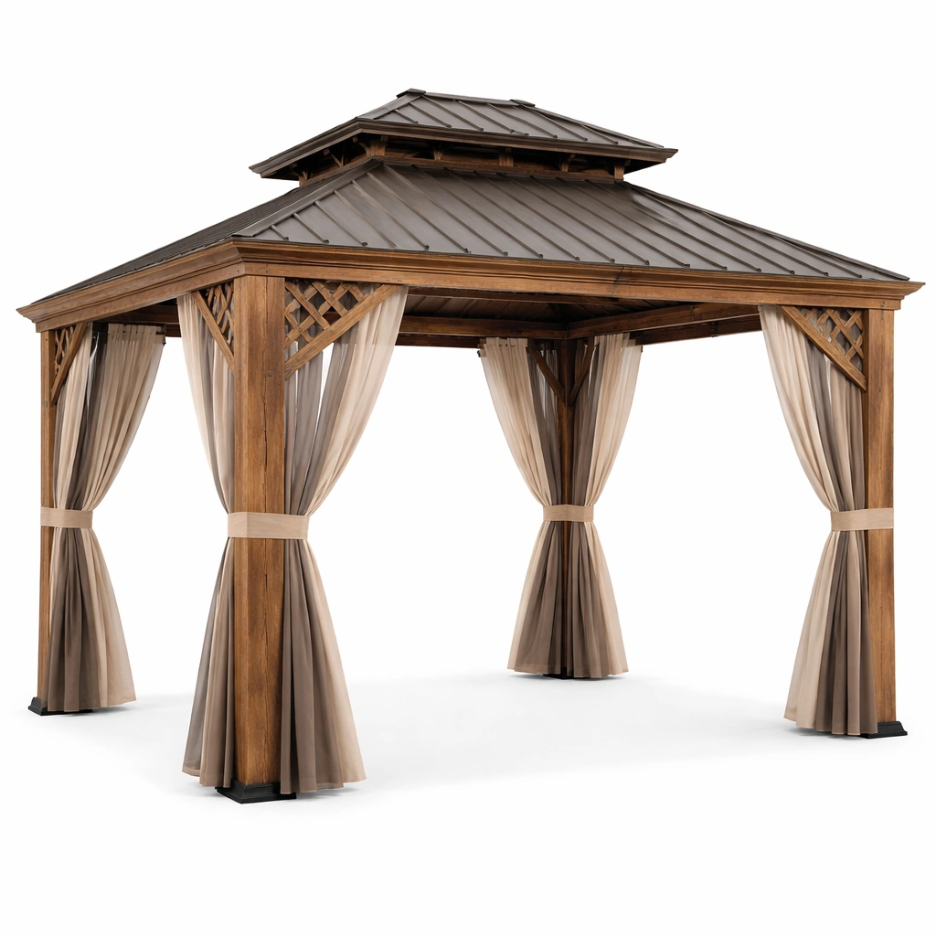 Pavillon Holz mit Metalldach und Polyester Vorhängen Braun Beige-FURNIFANTASIA