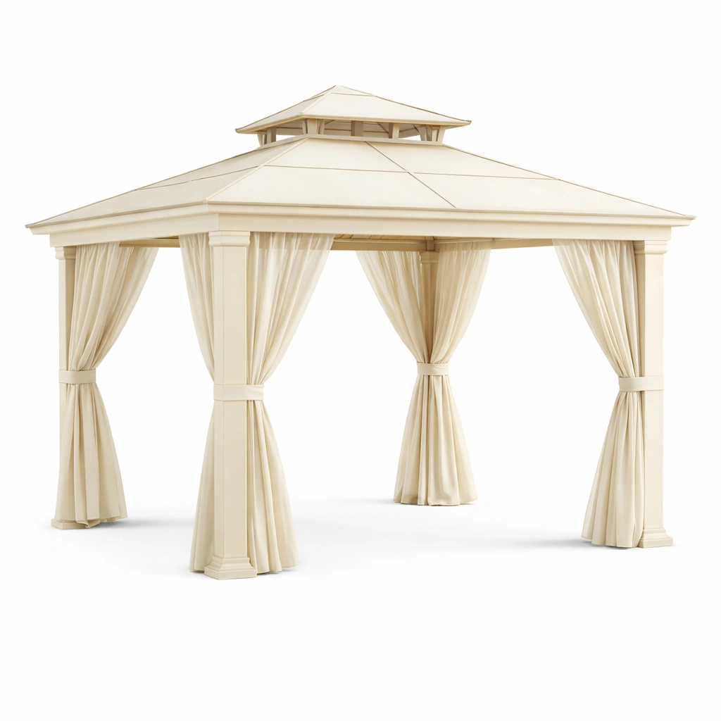 Pavillon Metall mit Polycarbonat Dach und Polyester Vorhängen Beige-FURNIFANTASIA