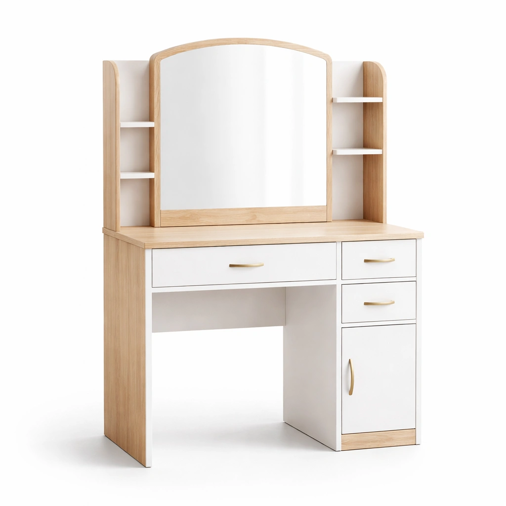 Schminktisch Holzfaserplatte Weiß Natur mit Spiegelglas-FURNIFANTASIA