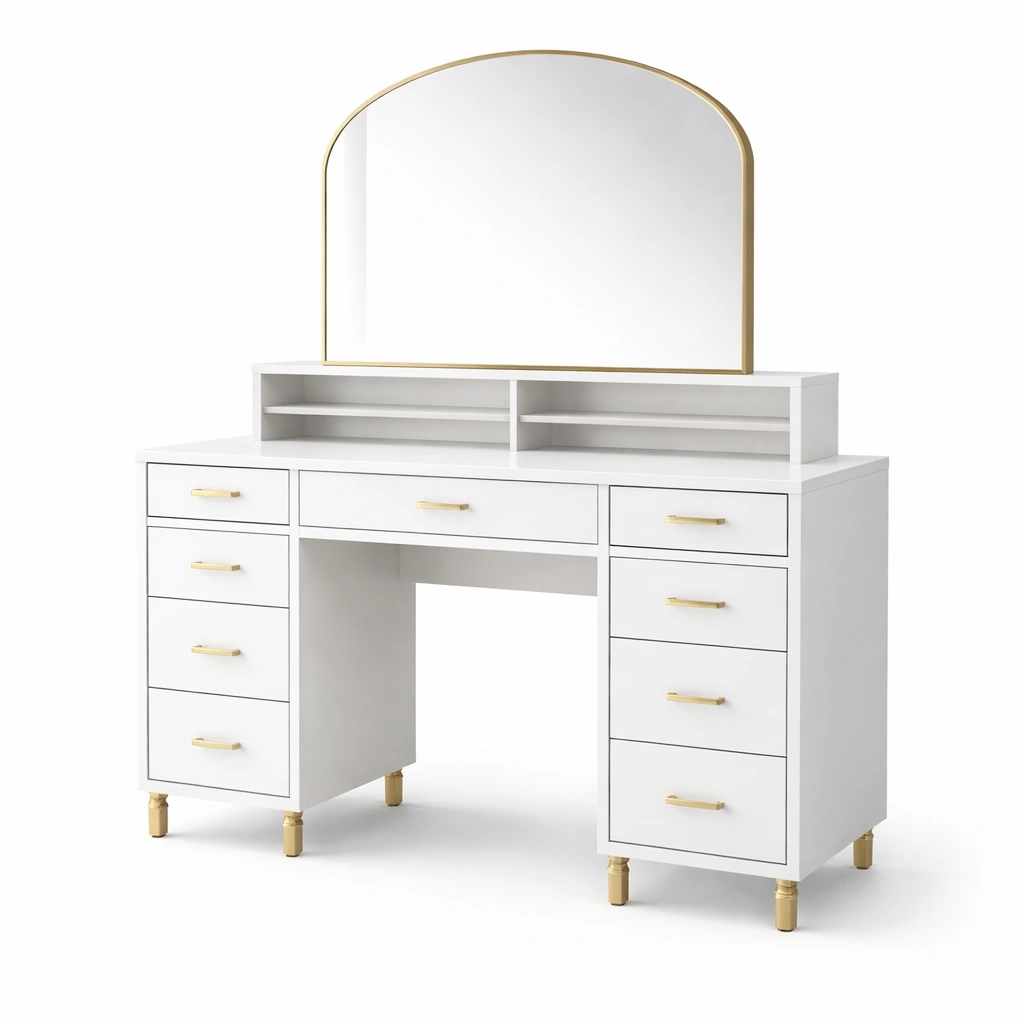 Schminktisch Weiß mit Spiegel und Goldakzenten und 7 Schubladen-FURNIFANTASIA