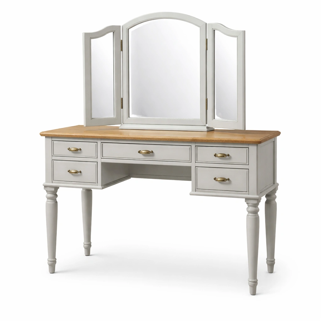 Schminktisch Holz Weiß mit Dreifachspiegel-FURNIFANTASIA