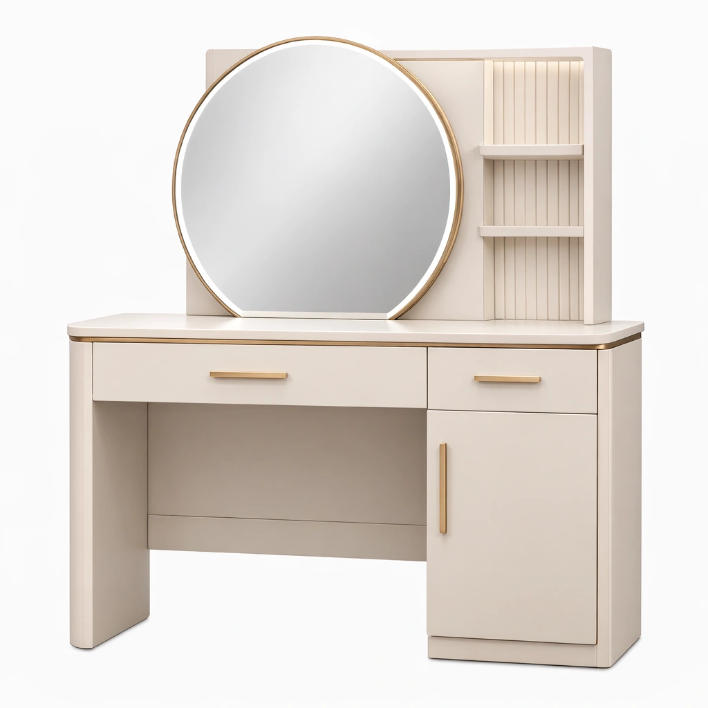 Schminktisch Holzwerkstoff Beige mit rundem Spiegel und LED-FURNIFANTASIA