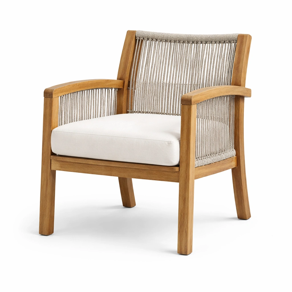 Sessel Teakholz mit Polyesterseilgeflecht und Baumwollkissen Beige-FURNIFANTASIA