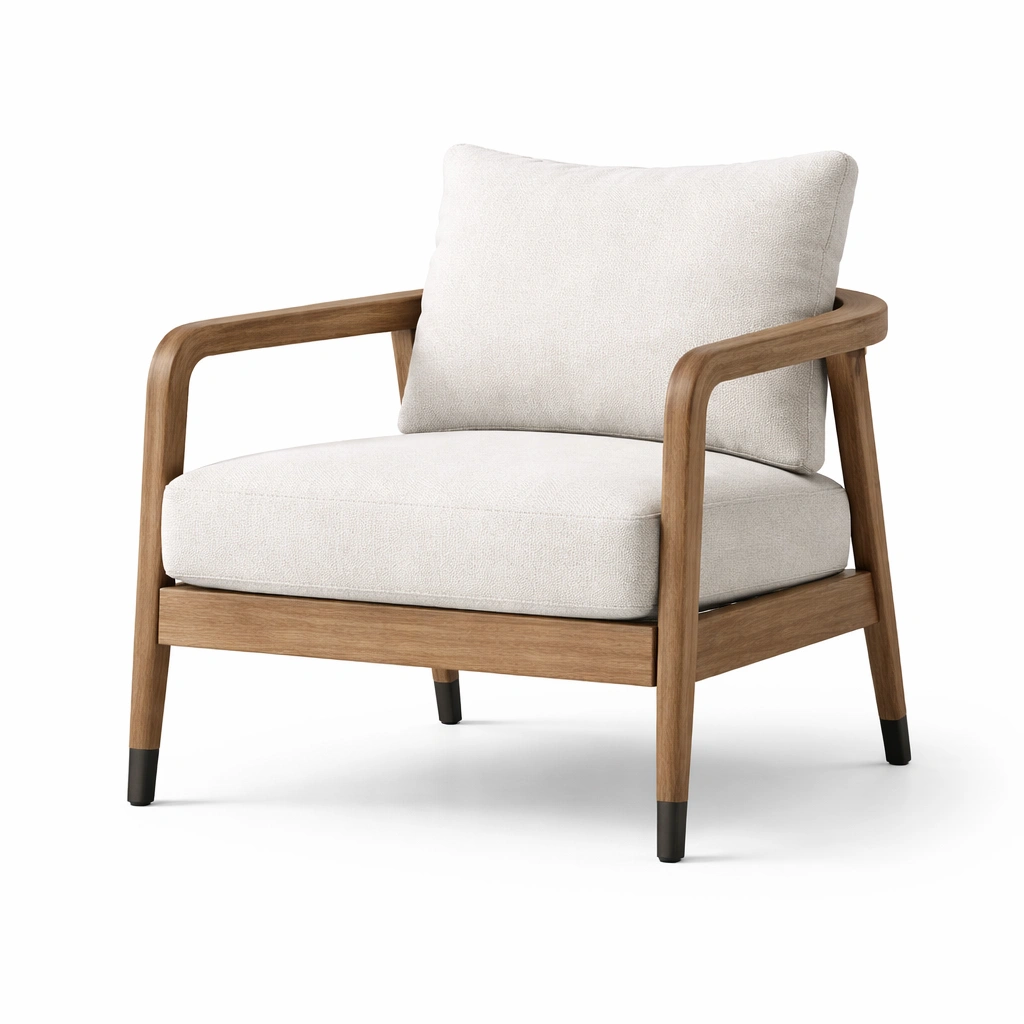 Sessel Holz mit Baumwollleinenpolsterung Beige-FURNIFANTASIA