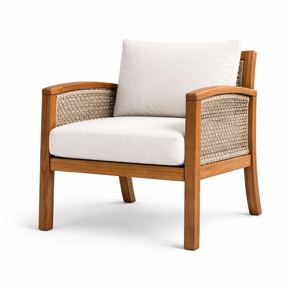 Sessel Teakholz Baumwolle Leinen Beige-FURNIFANTASIA