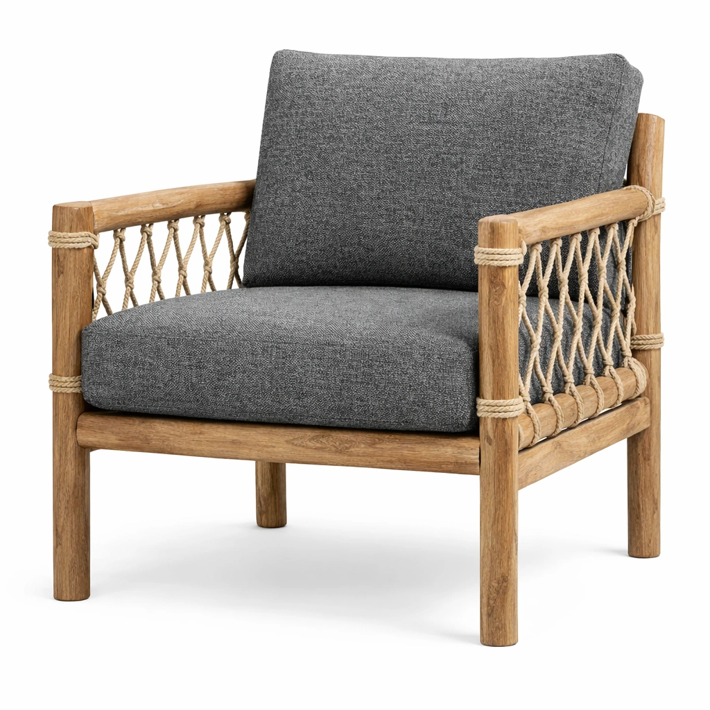 Sessel Teakholz Seil Polyester Grau 75x70x79 cm-FURNIFANTASIA