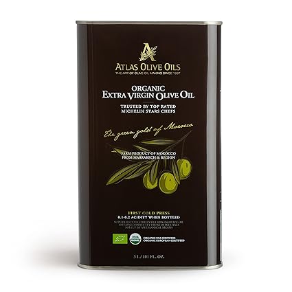 A ATLtthhAS OLIVE OILS Bulk Organic Cold Pressed Moroccan Extra Virgin Olive Oil, Polyphenol Rich, Newly Harvested Unprocessed from One Single Family Farm Cold Press Ext. Virgin 170 Fl Oz (Pack of 1)