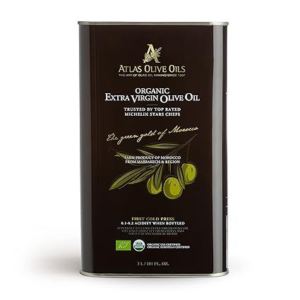A ATLtthhAS OLIVE OILS Bulk Organic Cold Pressed Moroccan Extra Virgin Olive Oil, Polyphenol Rich, Newly Harvested Unprocessed from One Single Family Farm Cold Press Ext. Virgin 170 Fl Oz (Pack of 1)
