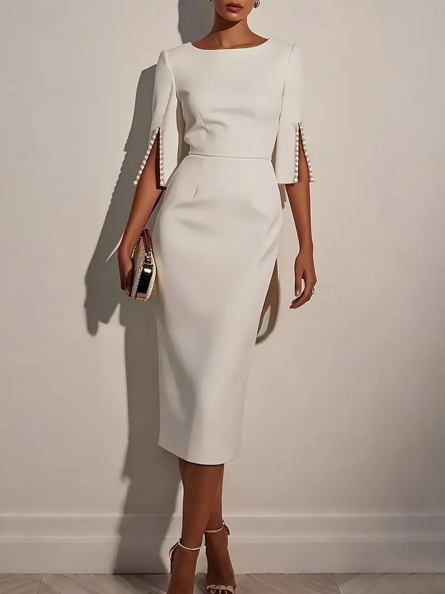 Dámske midi šaty, bodycon šaty, pracovné šaty, polotovar, do kancelárie, bežný strih, hladké, polovičný rukáv, okrúhly výstrih, čierna, biela, ružová, leto, jar, jeseň 2026 - $31.99 –P1