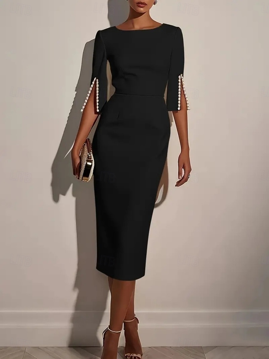 Dámske midi šaty, bodycon šaty, pracovné šaty, polotovar, do kancelárie, bežný strih, hladké, polovičný rukáv, okrúhly výstrih, čierna, biela, ružová, leto, jar, jeseň 2026 - $31.99 –P2