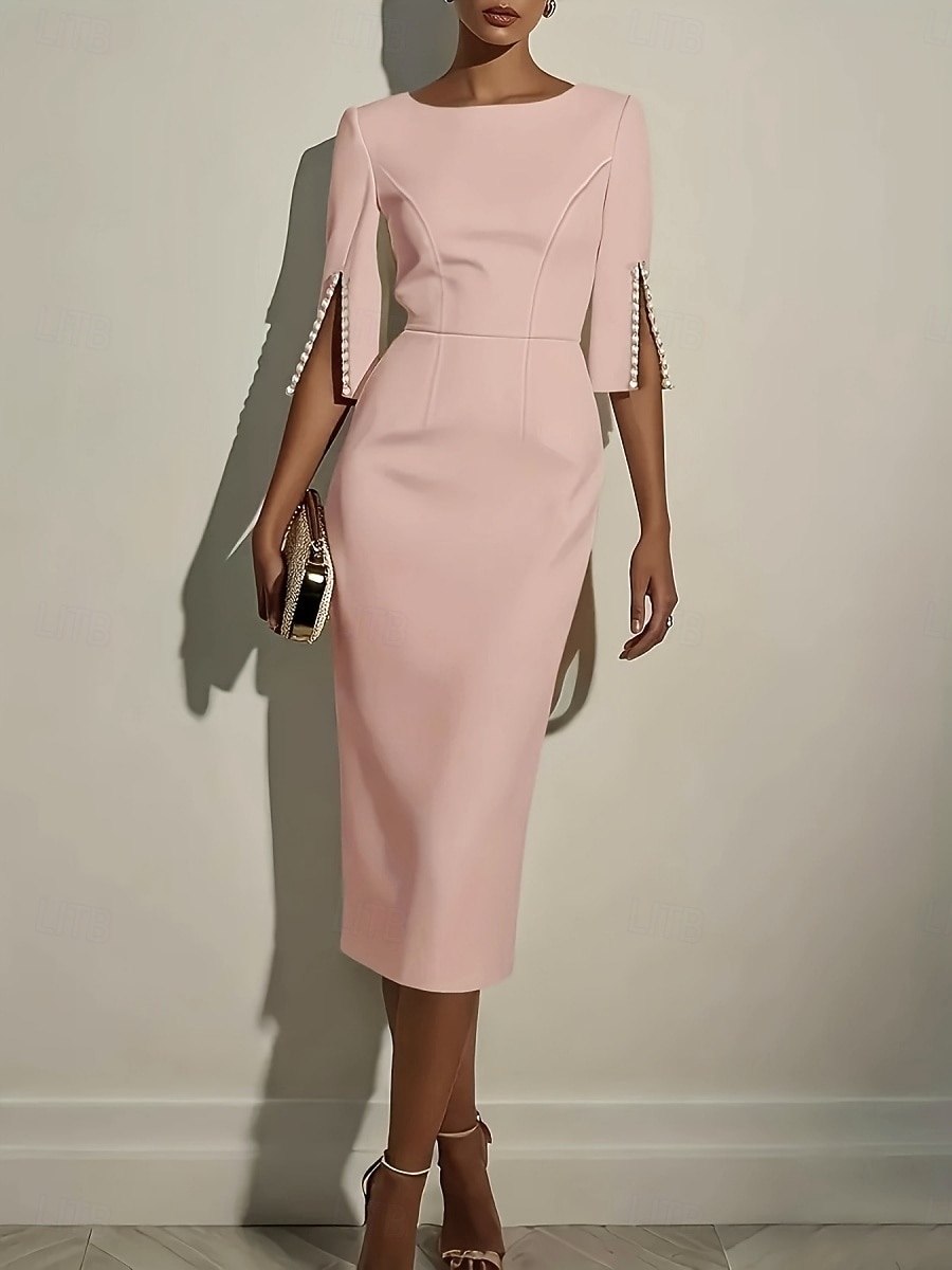 Dámske midi šaty, bodycon šaty, pracovné šaty, polotovar, do kancelárie, bežný strih, hladké, polovičný rukáv, okrúhly výstrih, čierna, biela, ružová, leto, jar, jeseň 2026 - $31.99 –P3