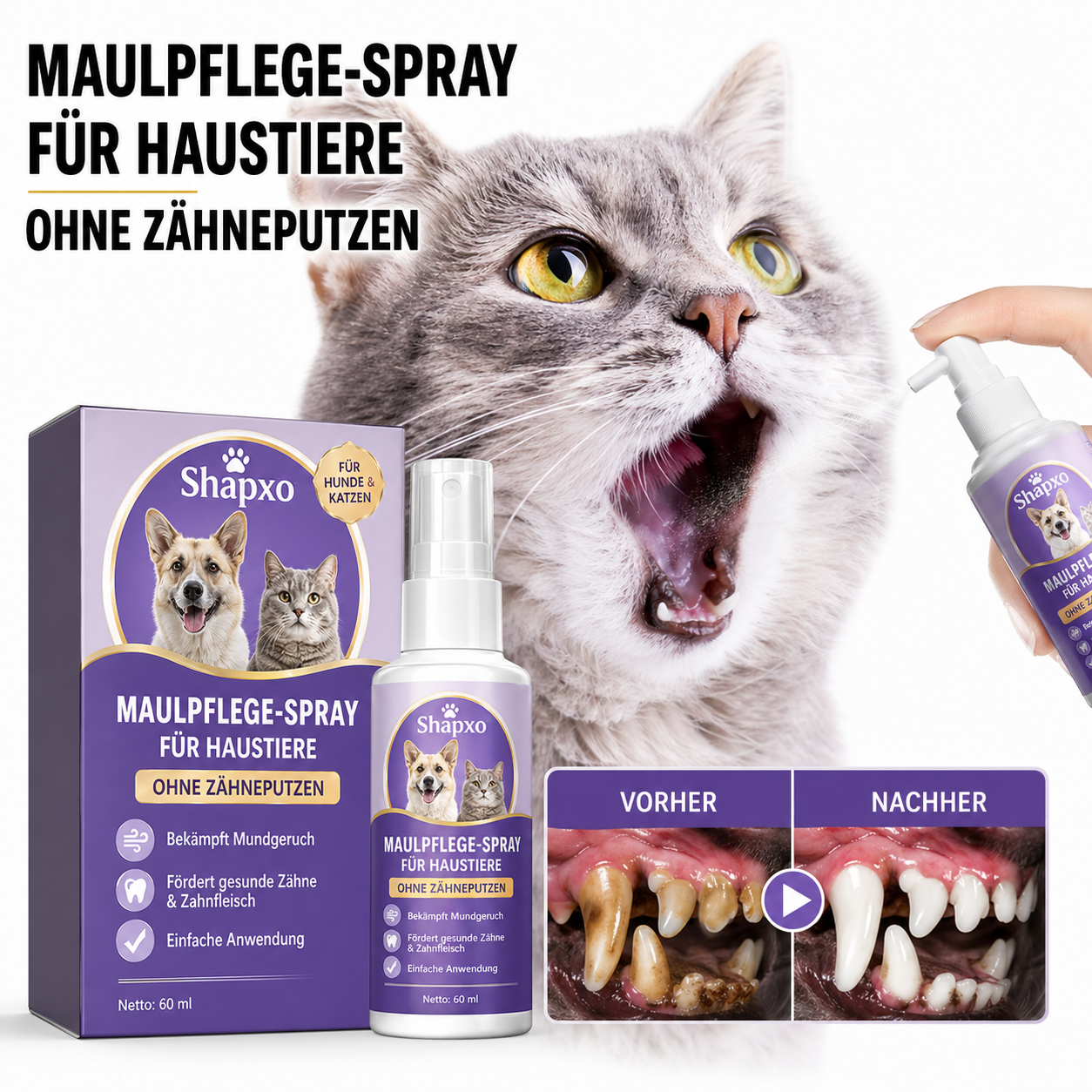 Shapxo™ Petdoir🍃 Zahnpflege-Spray ohne Zähneputzen für Hunde & Katzen ✅ FDA-zugelassen 💨 Frischt den Atem auf 🦷 Hilft, Zahnstein zu reduzieren 🌿 Unterstützt die Regeneration des Zahnfleisches 🦷 Stabilisiert die Zähne