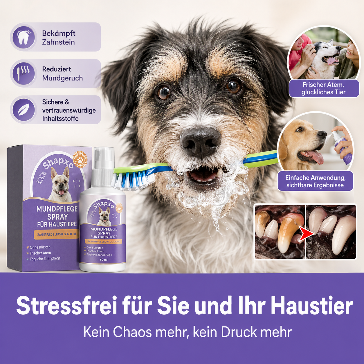 Shapxo™ Petdoir🍃 Zahnpflege-Spray ohne Zähneputzen für Hunde & Katzen ✅ FDA-zugelassen 💨 Frischt den Atem auf 🦷 Hilft, Zahnstein zu reduzieren 🌿 Unterstützt die Regeneration des Zahnfleisches 🦷 Stabilisiert die Zähne