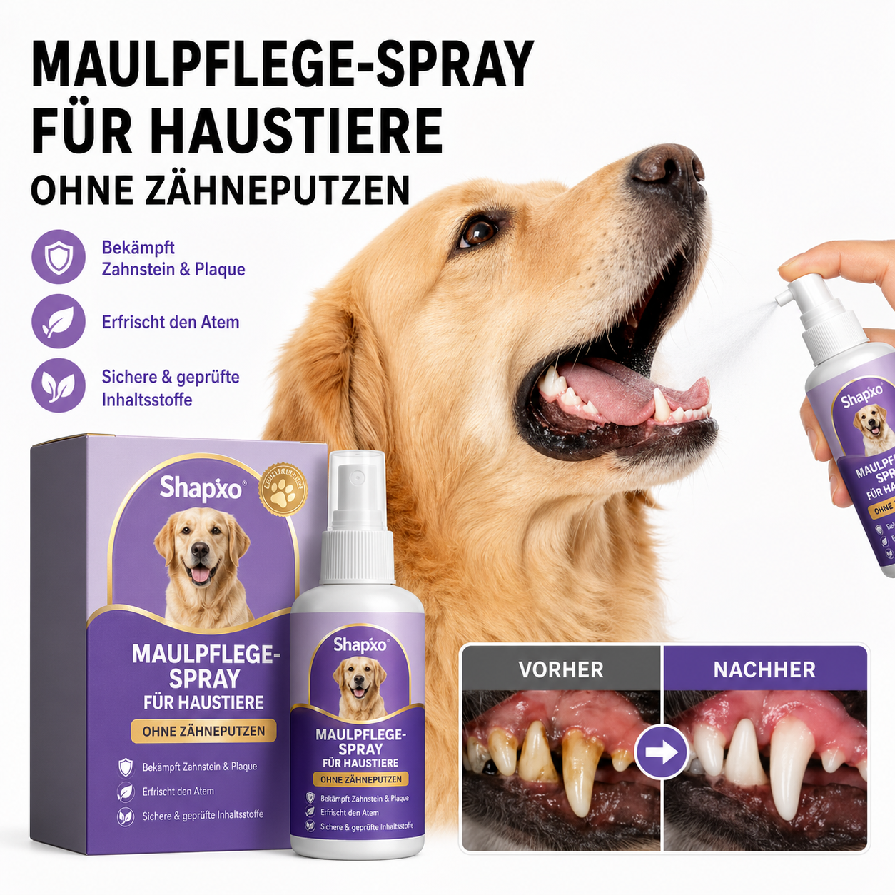Shapxo™ Petdoir🍃 Zahnpflege-Spray ohne Zähneputzen für Hunde & Katzen ✅ FDA-zugelassen 💨 Frischt den Atem auf 🦷 Hilft, Zahnstein zu reduzieren 🌿 Unterstützt die Regeneration des Zahnfleisches 🦷 Stabilisiert die Zähne