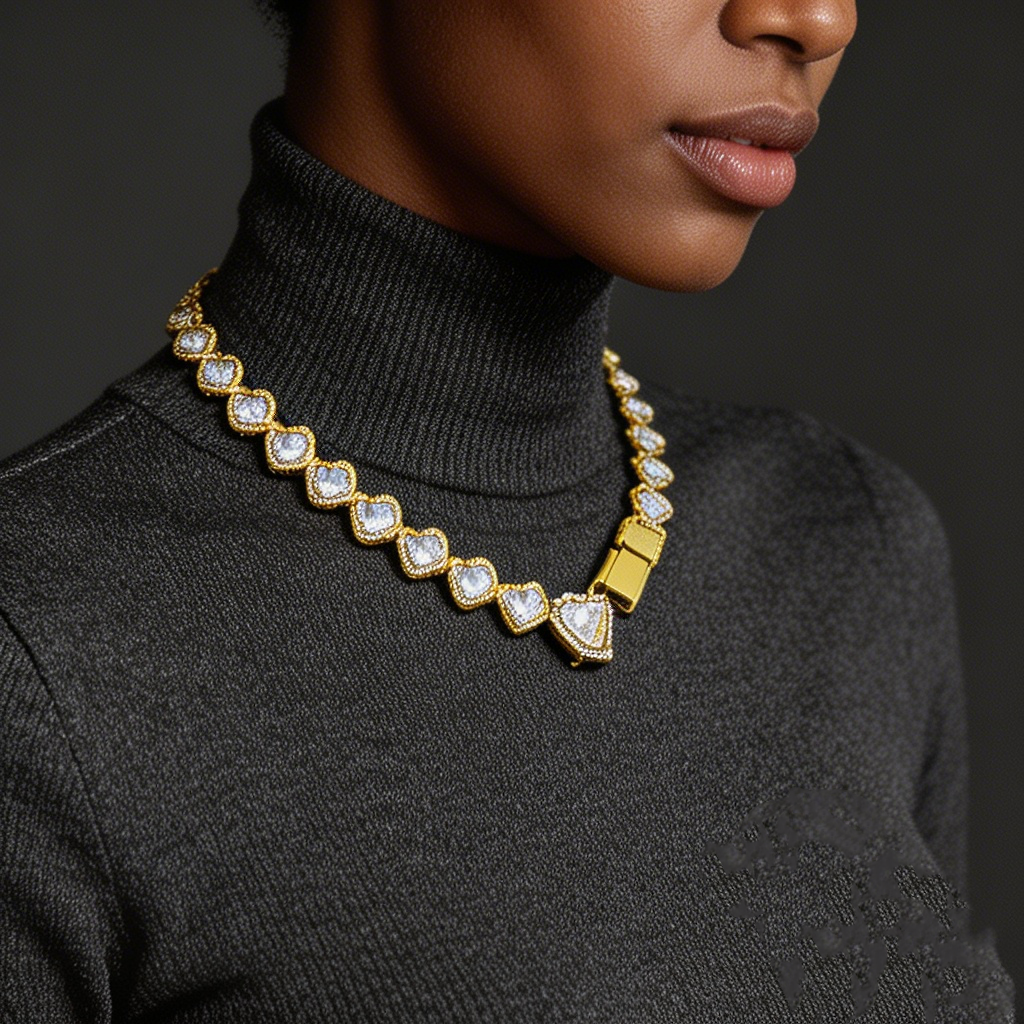 Popular Heart Shaped Diamond Encrusted Hip Hop Necklace Set Creative Personalized 10mm Cuban Chain Set Glamour Set Necklaces Set