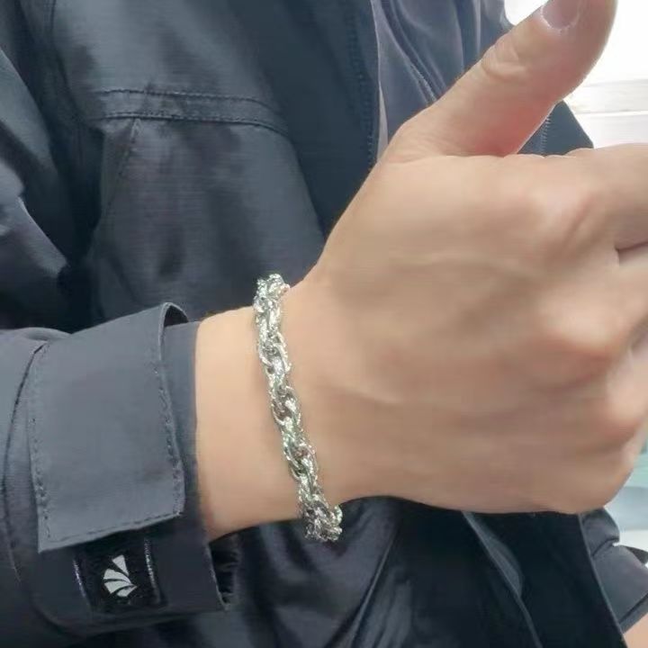 Men’s Dragon Twisted Chain BraceleStainless Steel, Silver Plated, Textured Curb Link, Adjustable Streetwear Jewelry