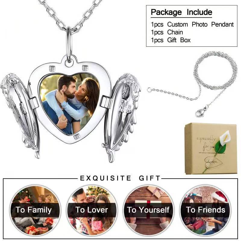 Custom Photo Angel Wings Circular Pendant, Personalized Memorial Photo Pendant Necklace for Women Man