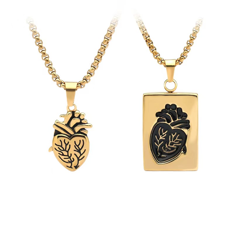 Anatomical Heart Pendant Necklace Set - 2pcs Gothic Stainless Steel Necklaces, Gold/Silver Plated, Waterproof Hypoallergenic Couple Jewelry