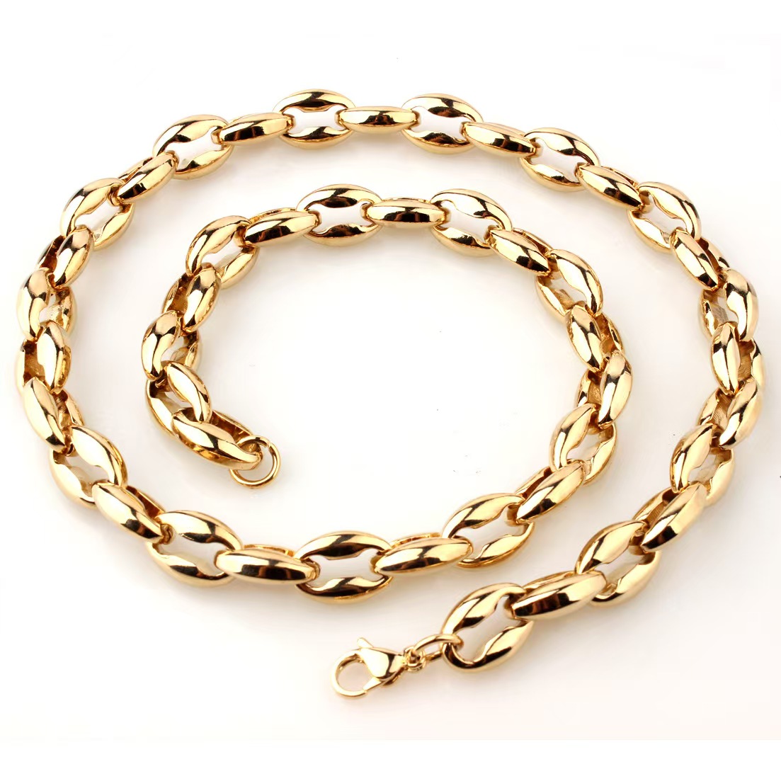 Stainless steel gold plated chain with coffee bean link, Chain Links Necklaces, Gold Chain Necklaces
