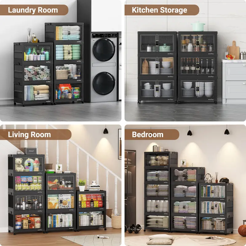 Stackable Storage Bins with Lids, Extra Large Closet Organizer Collapsible Drawer Boxes with Wheels, Folding Plastic Cabinet Containers for Home Kitchen Room Organization