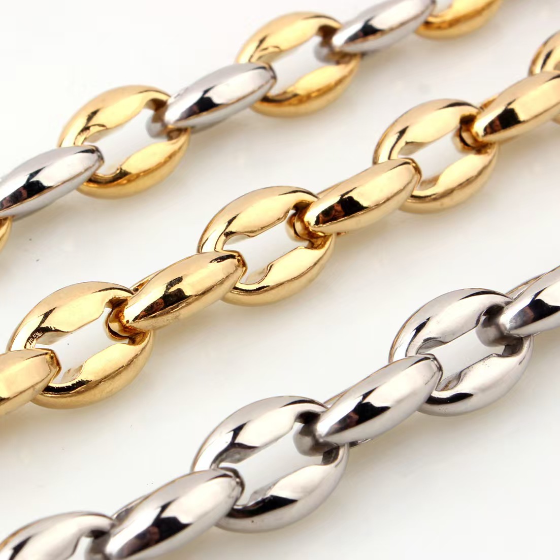 Stainless steel gold plated chain with coffee bean link, Chain Links Necklaces, Gold Chain Necklaces