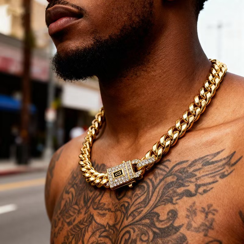 2-Piece Set Rhinestone Cuban Chain Necklace Bracelet Set, Unisex Street Party Jewelry, Bold Design for Men and Women