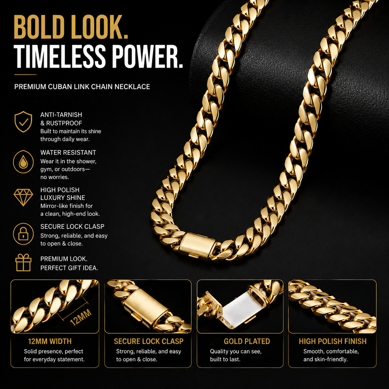 Gold Plated Miami Cuban Link Chain Necklace for Men & Women | Waterproof, Anti-Tarnish Solid Stainless Steel