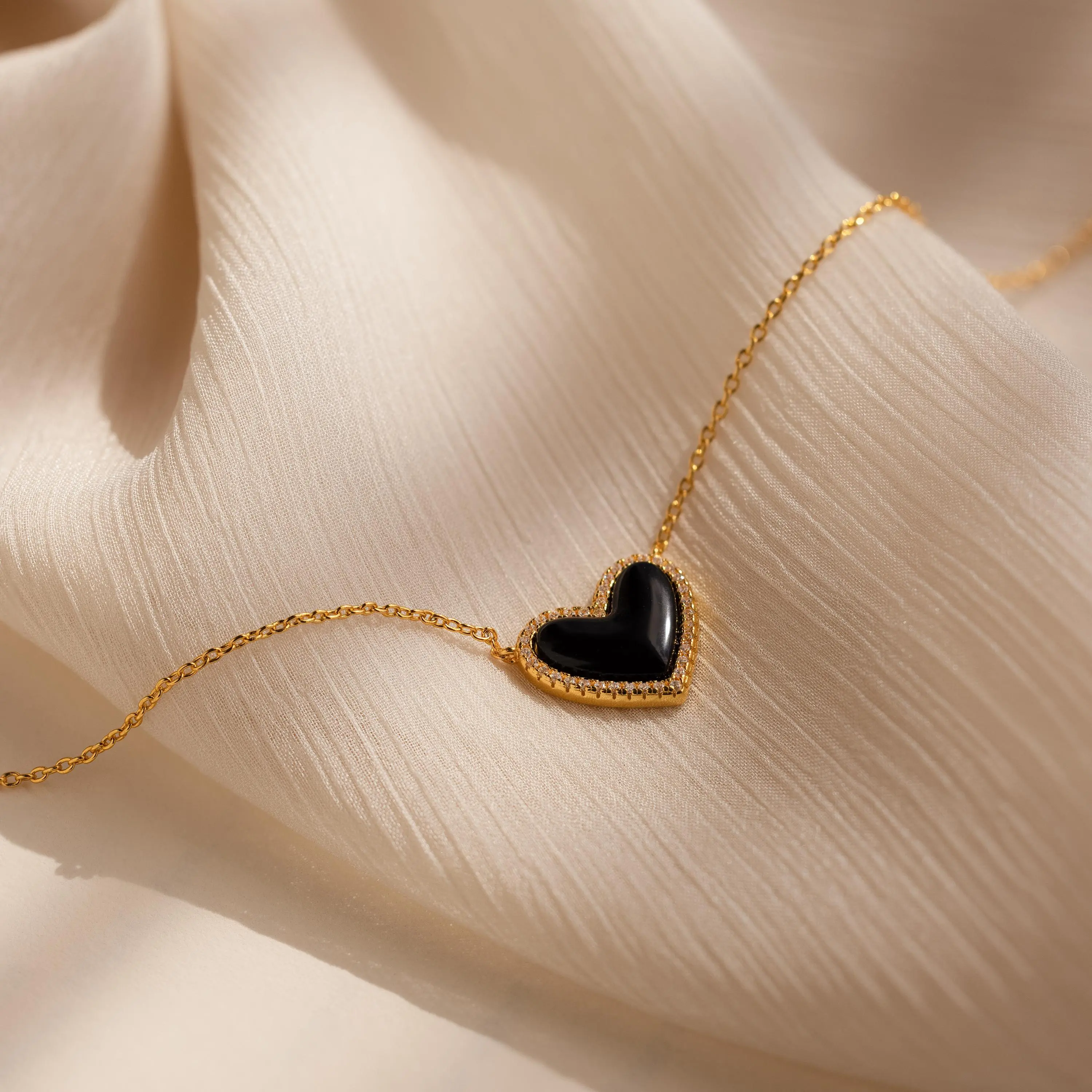 Pave Onyx Heart Necklace by Caitlyn Minimalist - Dainty 18K Gold Plated Charm Necklace - Black Cubic Zirconia Puff Heart Necklace - Graduation Gift for Her