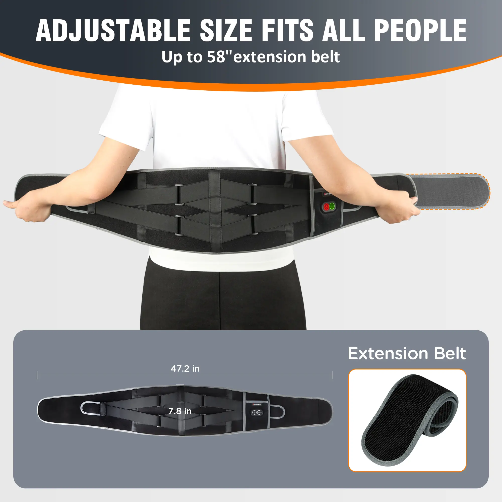 Cordless Back Massager with 3 Heating Levels & 3 Vibration Levels - Up to 58'' Waist Heating Pad for Deep Back Relief - Portable & Adjustable Elastic Strap - 30-Day Guarantee