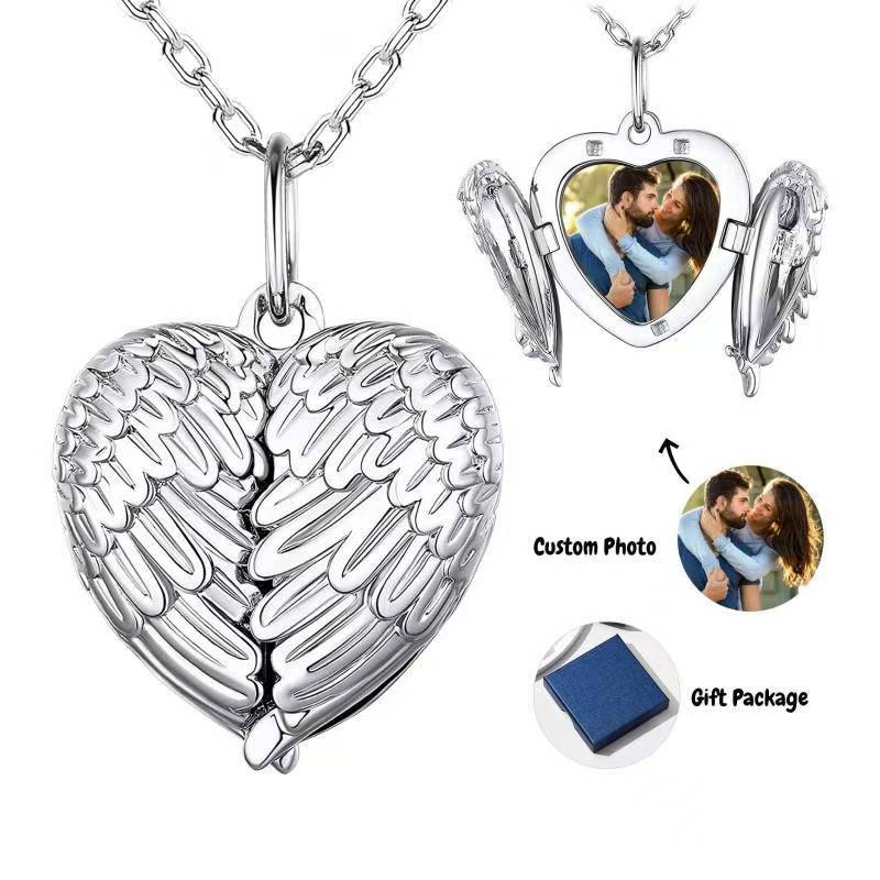 Custom Photo Angel Wings Circular Pendant, Personalized Memorial Photo Pendant Necklace for Women Man