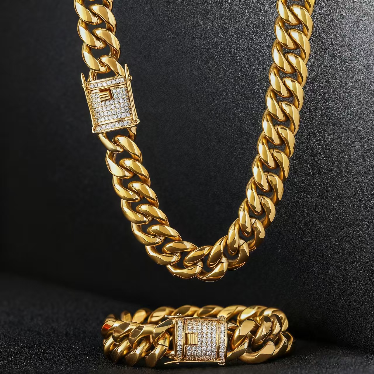 Iced Out Cuban Link Chain Necklace & Bracelet Set for Men – Hip Hop Miami Curb Chain Jewelry in Gold/Silver/Rose Gold
