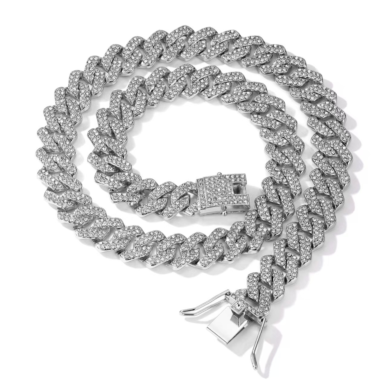 2-Piece Set Rhinestone Cuban Chain Necklace Bracelet Set, Unisex Street Party Jewelry, Bold Design for Men and Women