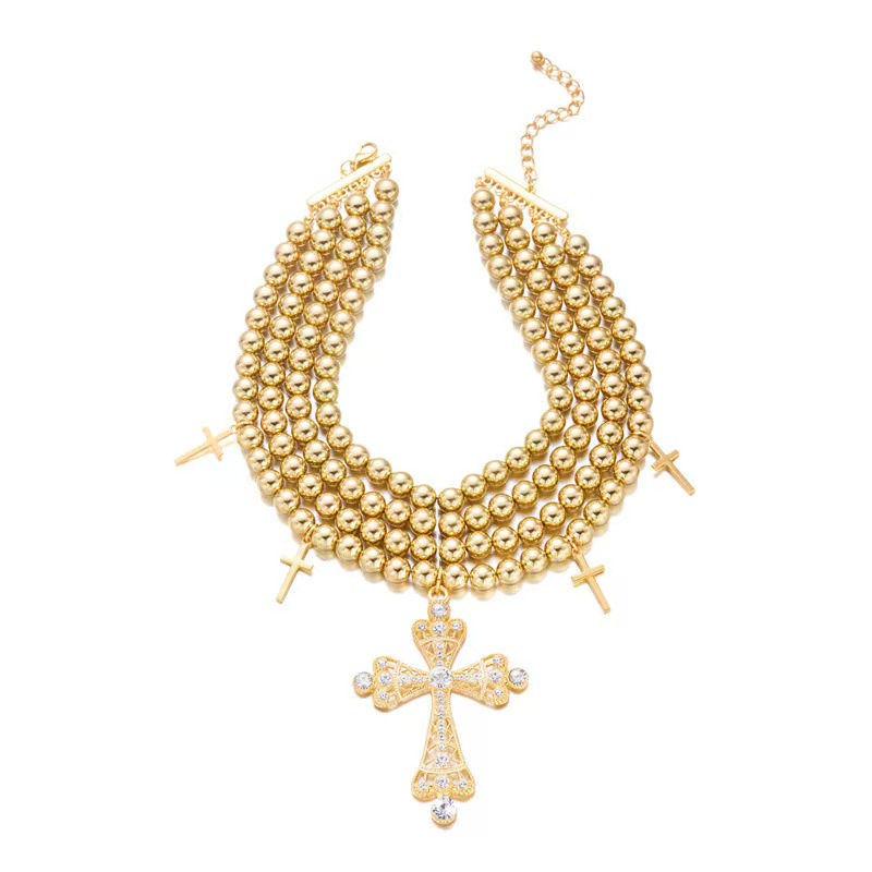 Fashion Layered Pearl and Chain Necklace, Rhinestone Cross Pendant Choker for Women, Trendy Alloy Statement Jewelry Gift for Her.