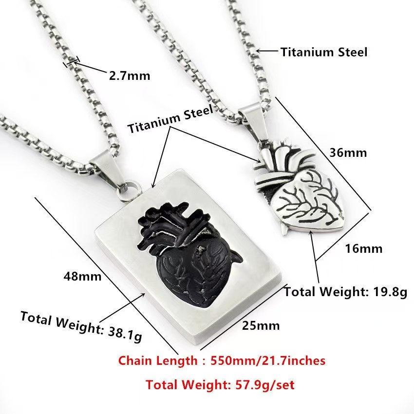 Anatomical Heart Pendant Necklace Set - 2pcs Gothic Stainless Steel Necklaces, Gold/Silver Plated, Waterproof Hypoallergenic Couple Jewelry