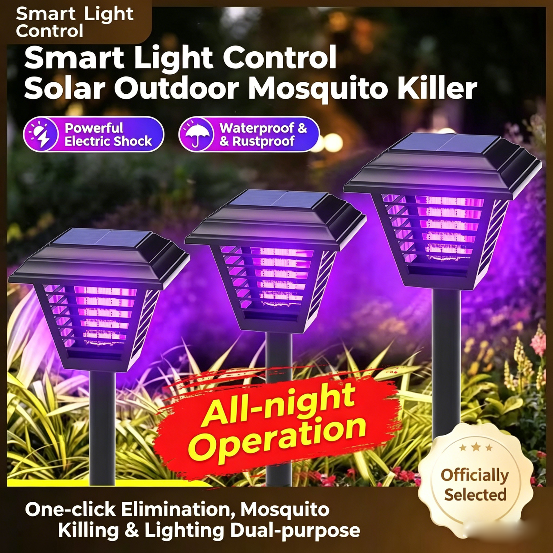 Solar-Powered Mosquito Zapper | IP65 Waterproof Outdoor Bug Zapper | Chemical-Free Cordless Pest Control for Patio, Backyard & Camping