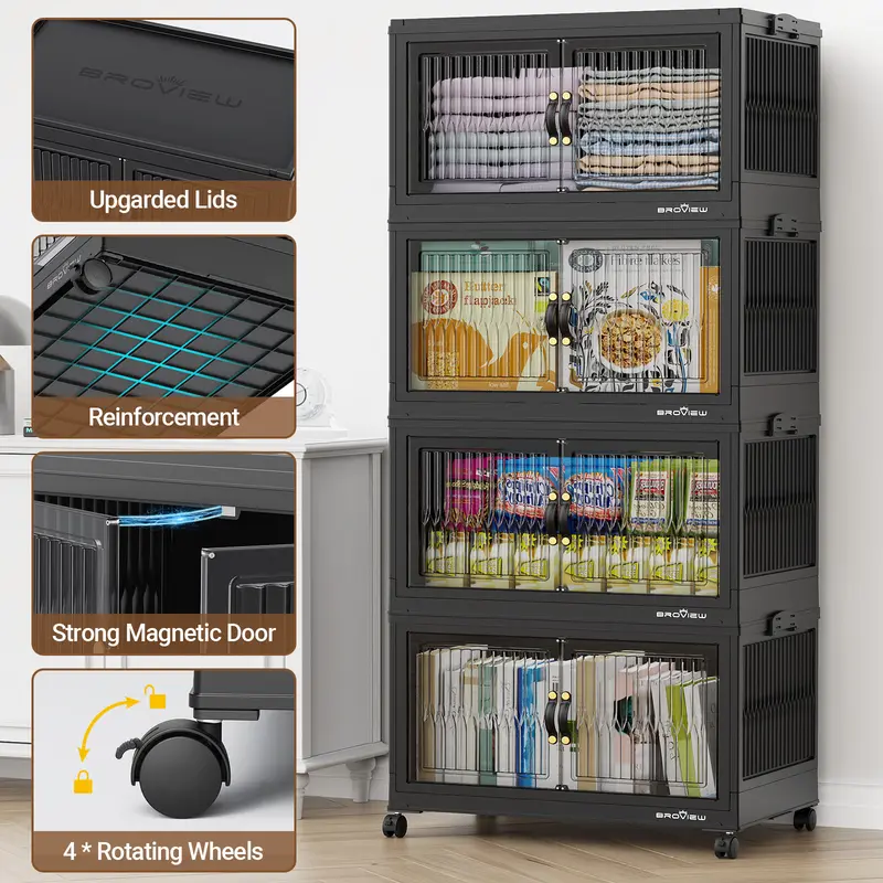Stackable Storage Bins with Lids, Extra Large Closet Organizer Collapsible Drawer Boxes with Wheels, Folding Plastic Cabinet Containers for Home Kitchen Room Organization
