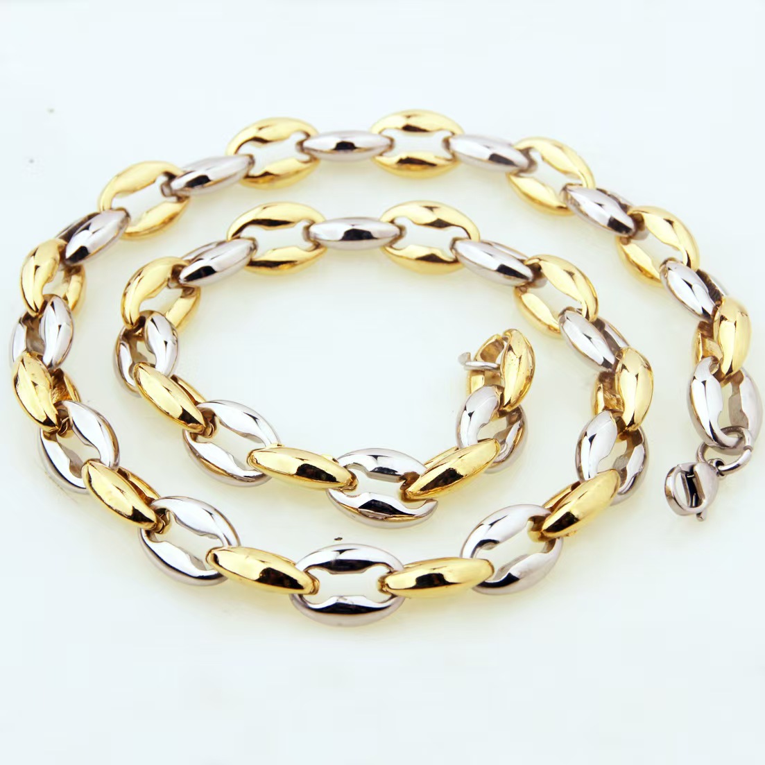 Stainless steel gold plated chain with coffee bean link, Chain Links Necklaces, Gold Chain Necklaces